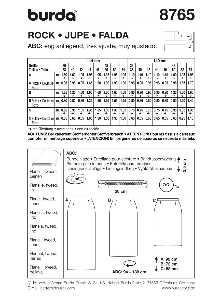 Patron de Couture Burda 8765 Jupe - Ribes y Casals