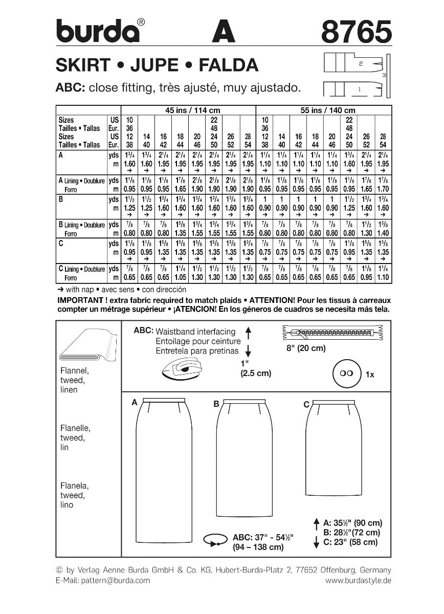 Patron de Couture Burda 8765 Jupe - Ribes y Casals