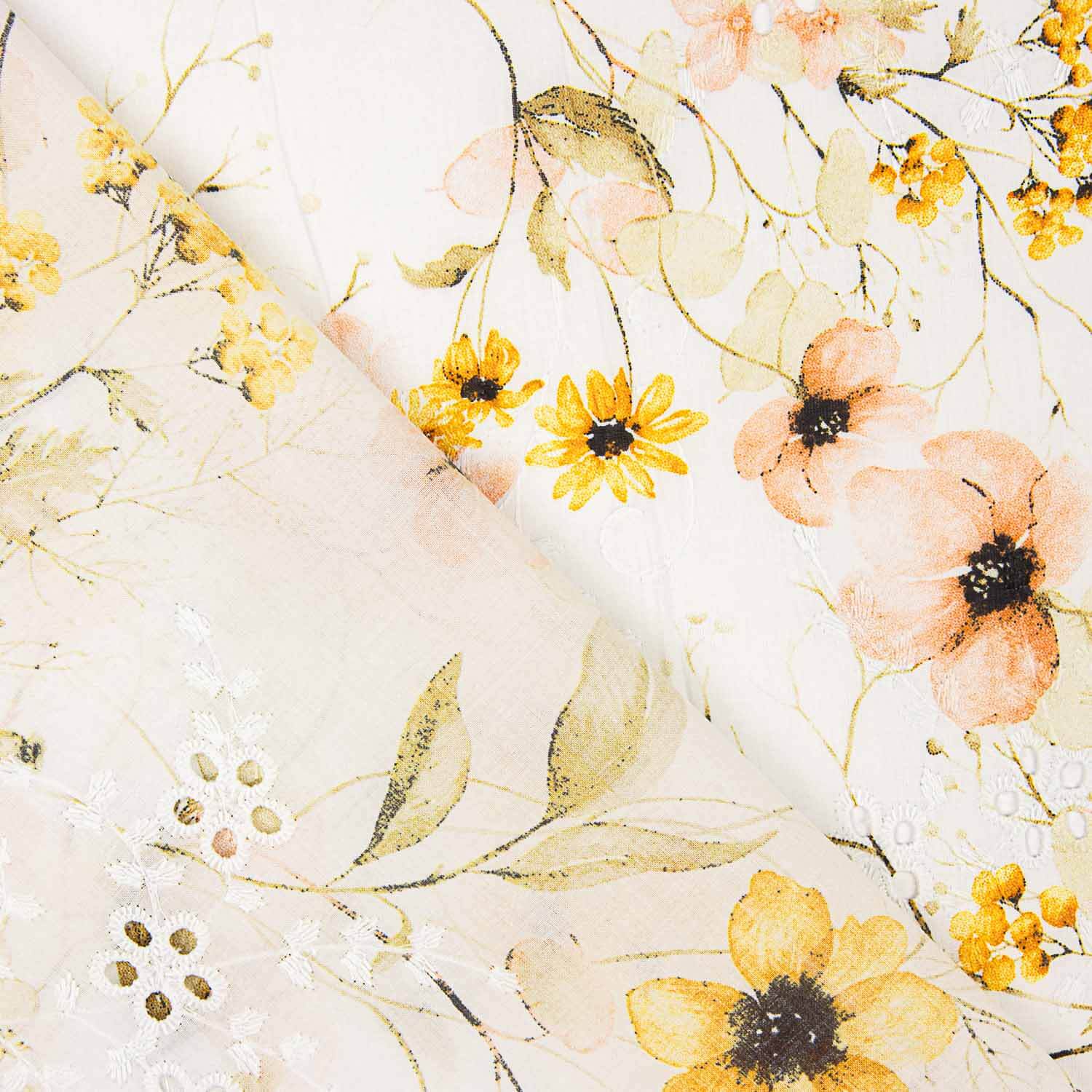 Coton brodé et imprimé numérique floral jaune - Ribes y Casals