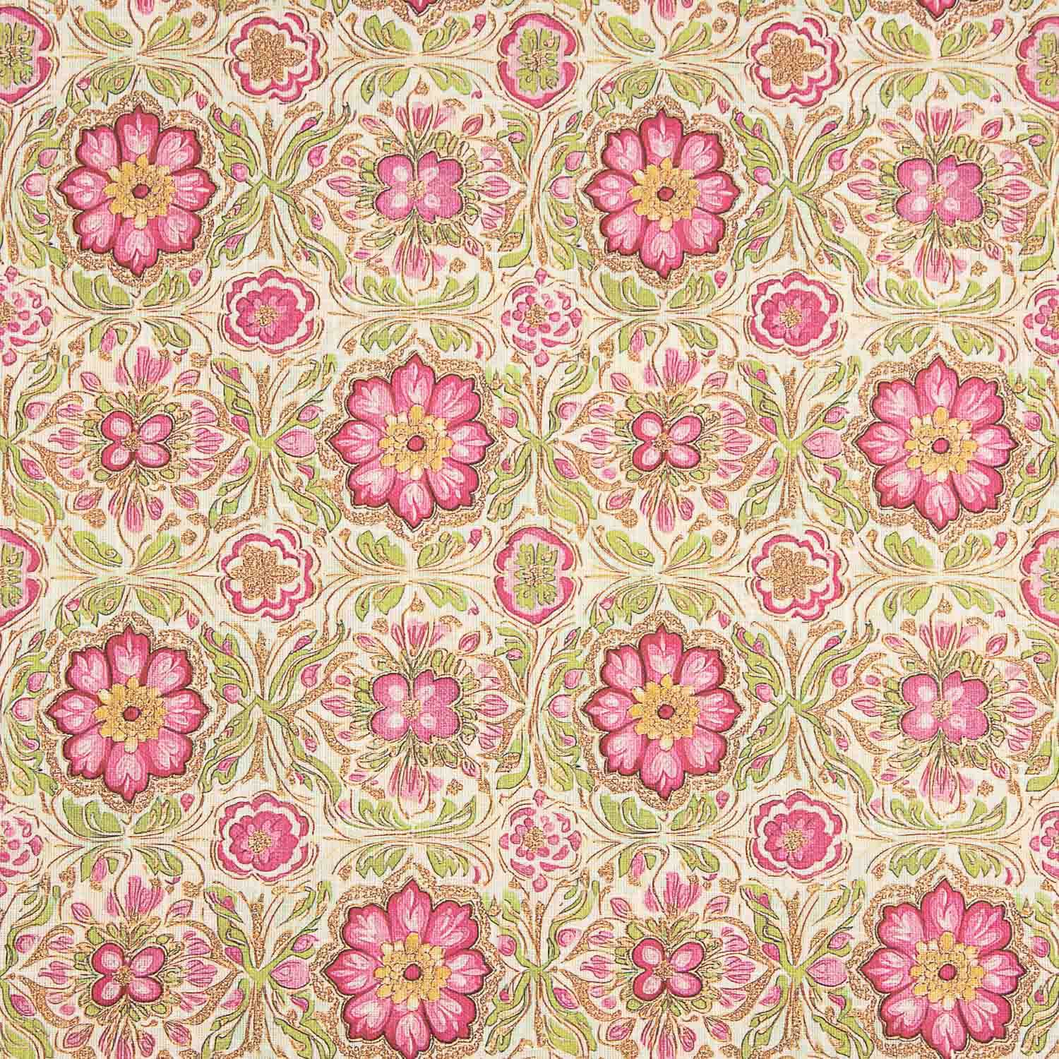 Toile de coton Fleurs roses Fond vert - Ribes y Casals