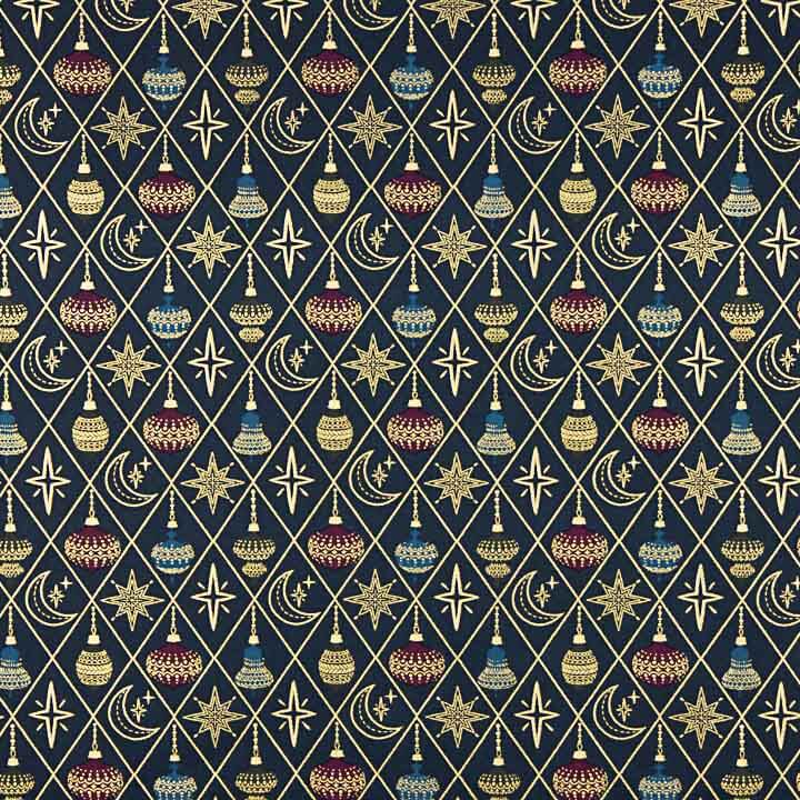 Popeline de Noël « Boules et étoiles » bleu marine - Ribes y Casals