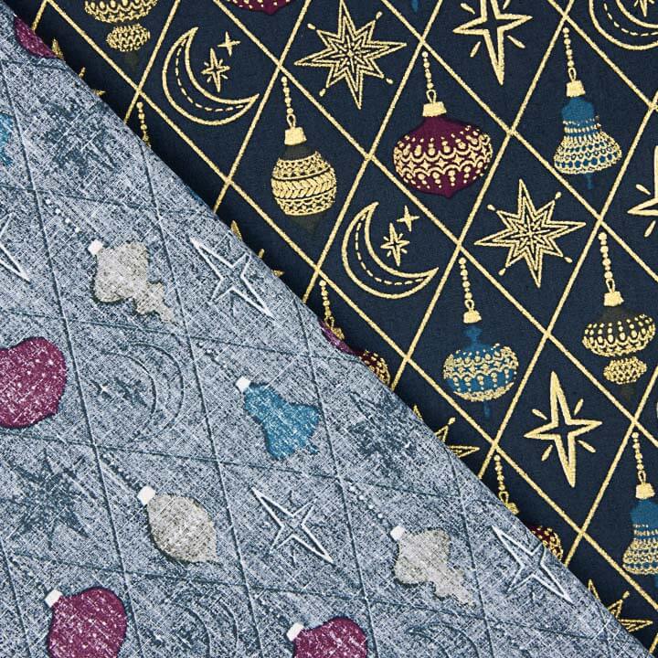 Popeline de Noël « Boules et étoiles » bleu marine - Ribes y Casals