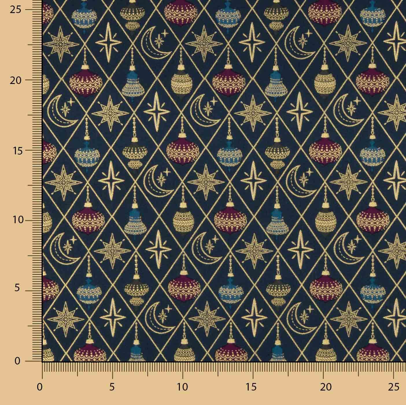 Popeline de Noël « Boules et étoiles » bleu marine - Ribes y Casals