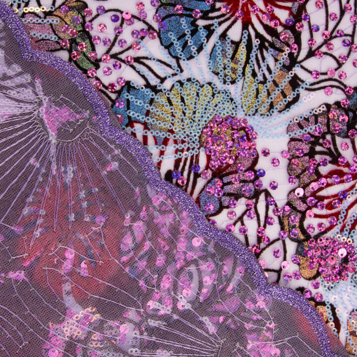 Tulle floqué brodé de sequins « Jardin violet » - Ribes y Casals
