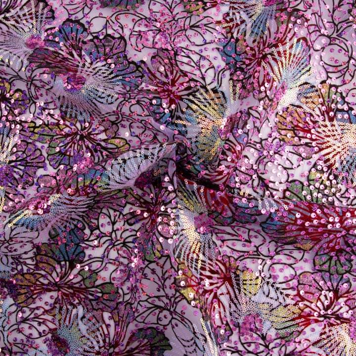 Tulle floqué brodé de sequins « Jardin violet » - Ribes y Casals