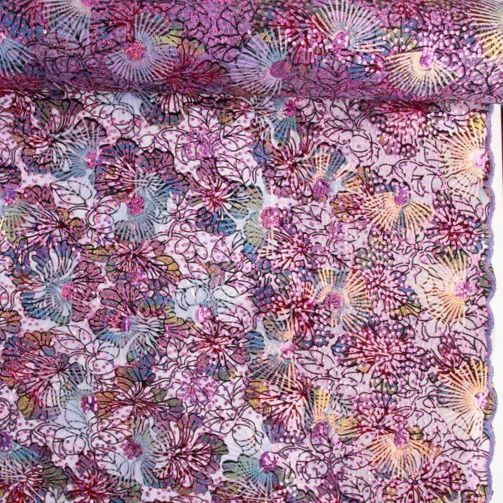 Tulle floqué brodé de sequins « Jardin violet » - Ribes y Casals