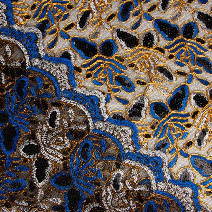 Broderie « Rebrodé » avec tissu à sequins Alhambra bleus - Ribes y Casals