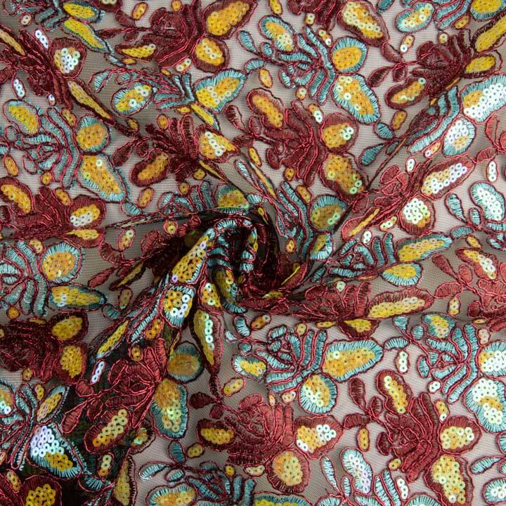 Broderie rebrossée avec tissu à sequins Alhambra Rouge - Ribes y Casals