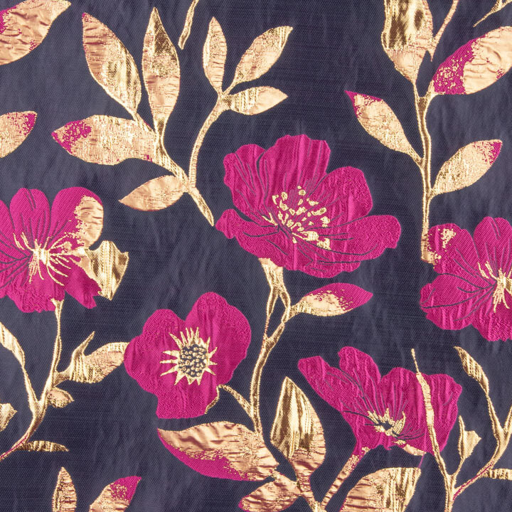 Brocart fantaisie Magnolia bleu, fuchsia et doré - Ribes y Casals