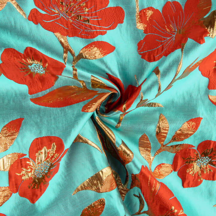 Brocart fantaisie Magnolia turquoise, rouge et doré - Ribes y Casals