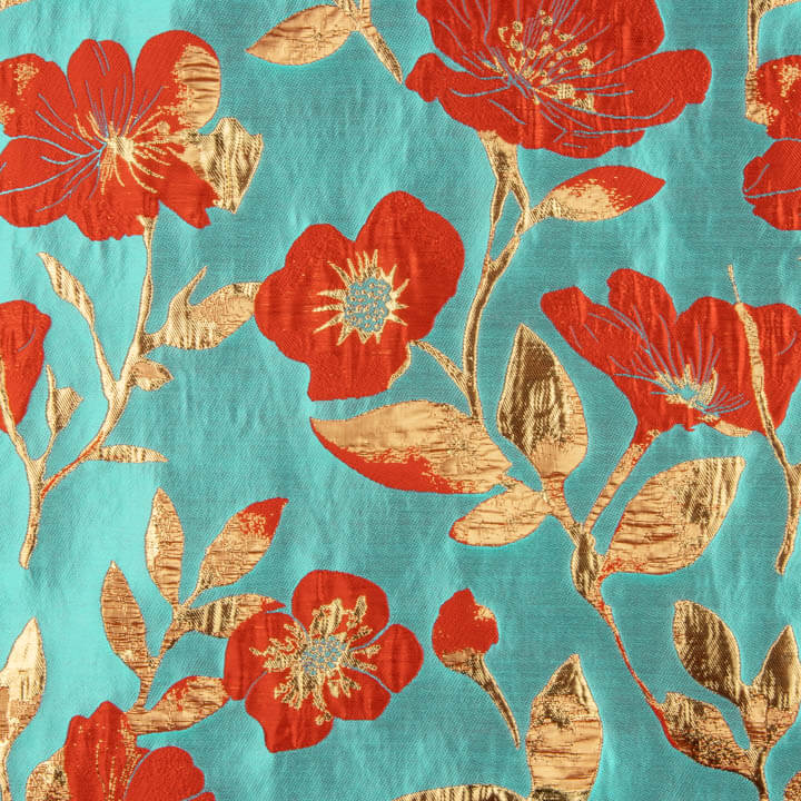 Brocart fantaisie Magnolia turquoise, rouge et doré - Ribes y Casals
