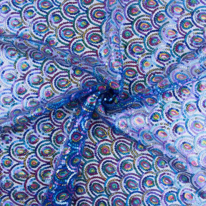 Tulle bleu fantaisie élastique à sequins prismatiques - Ribes y Casals