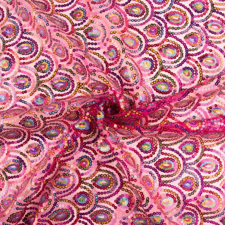 Tulle fuchsia fantaisie élastique à sequins prismatiques - Ribes y Casals