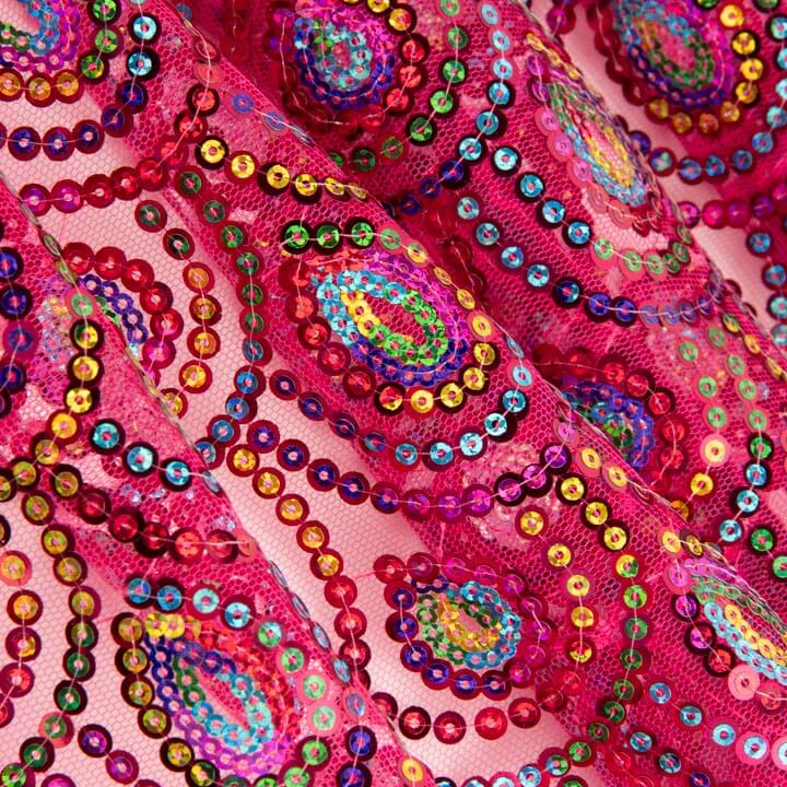 Tulle fuchsia fantaisie élastique à sequins prismatiques - Ribes y Casals