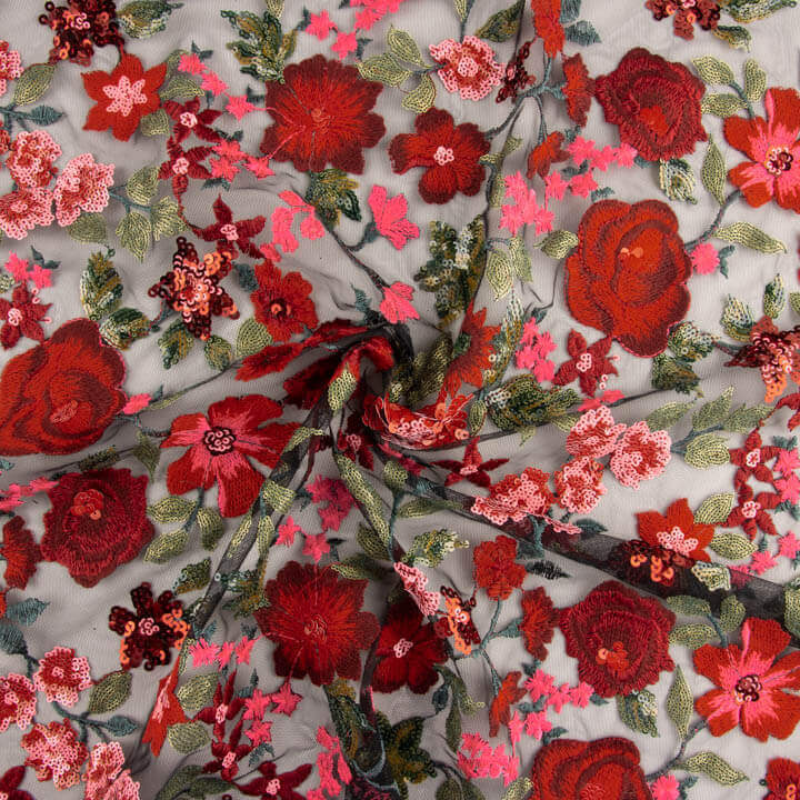 Tulle brodé de fleurs avec sequins Carmen rouge et noir - Ribes y Casals