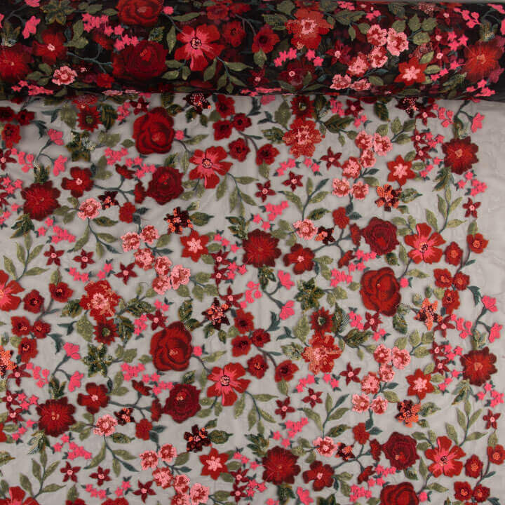 Tulle brodé de fleurs avec sequins Carmen rouge et noir - Ribes y Casals