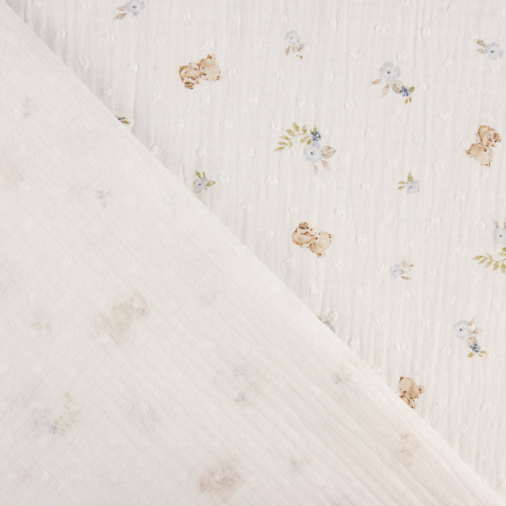 Mousseline plumetis « Petits oursons fleuris » bleue - Ribes y Casals