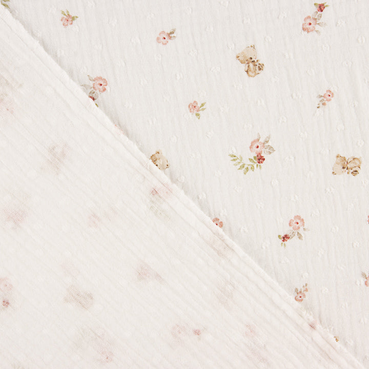 Mousseline plumetis « Petits oursons et fleurs roses » - Ribes y Casals
