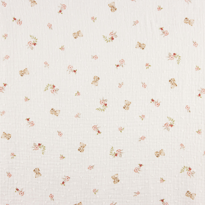 Mousseline plumetis « Petits oursons et fleurs roses » - Ribes y Casals