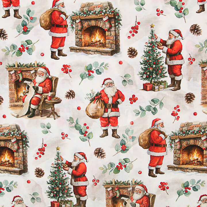 Toile de coton imprimée Père Noël et cheminée - Ribes y Casals
