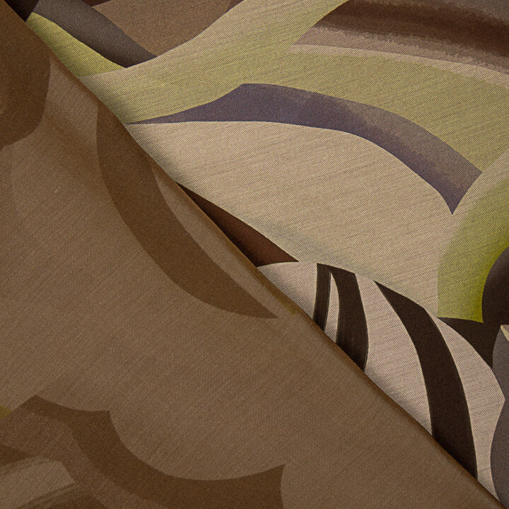 Tissu de viscose imprimé recto-verso, motifs abstraits en formes de vagues, couleur olive - Ribes y Casals