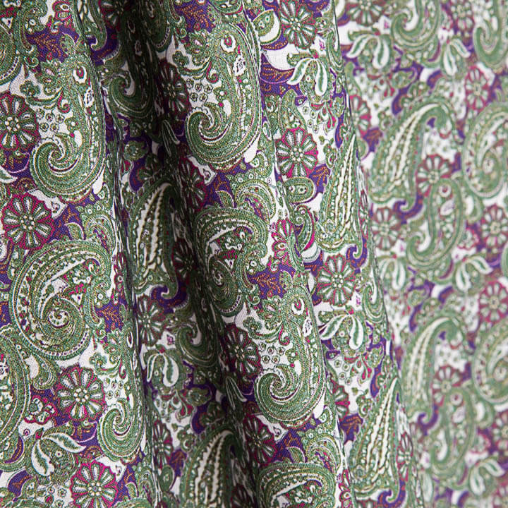 Popeline imprimée motif cachemire vert et mauve - Ribes y Casals
