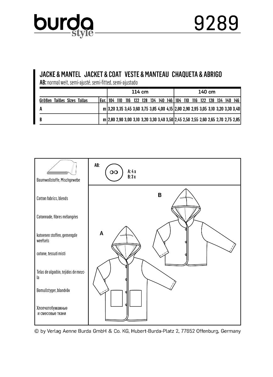 Patron de Couture Burda 9289 Manteau - Ribes y Casals