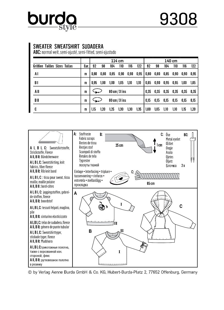 Patron de Couture Burda 9308 Sweatshirt - Ribes y Casals