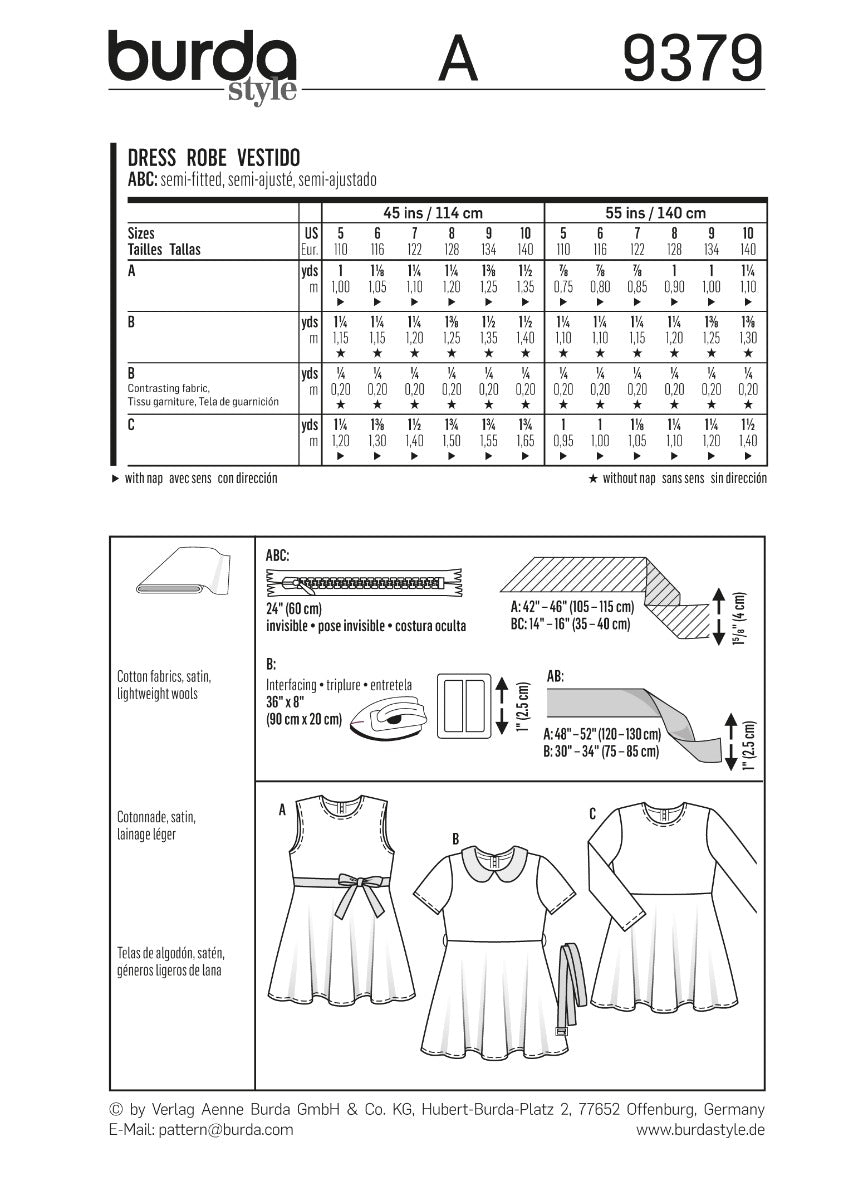 Patron de Couture Burda 9379 Robe - Ribes y Casals