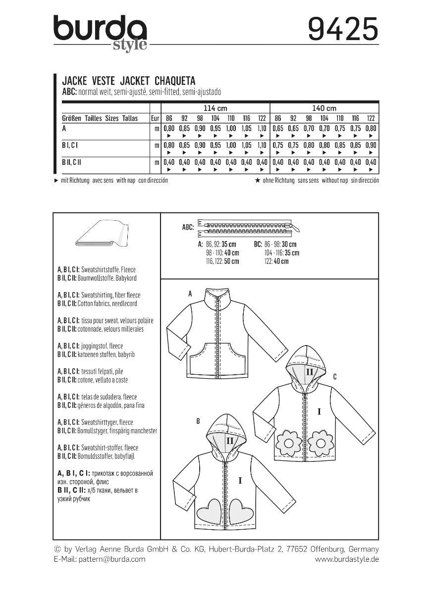 Patron de Couture Burda 9425 Veste - Ribes y Casals