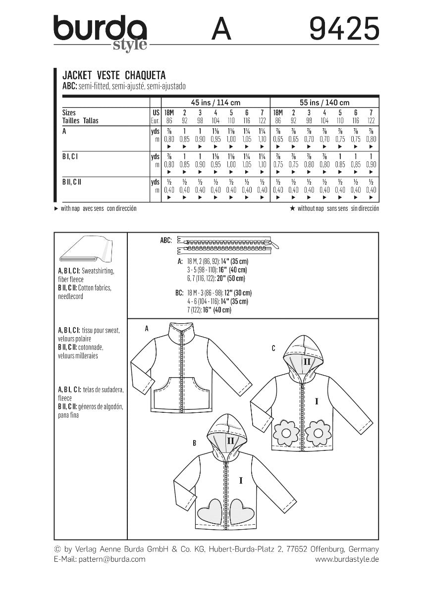Patron de Couture Burda 9425 Veste - Ribes y Casals