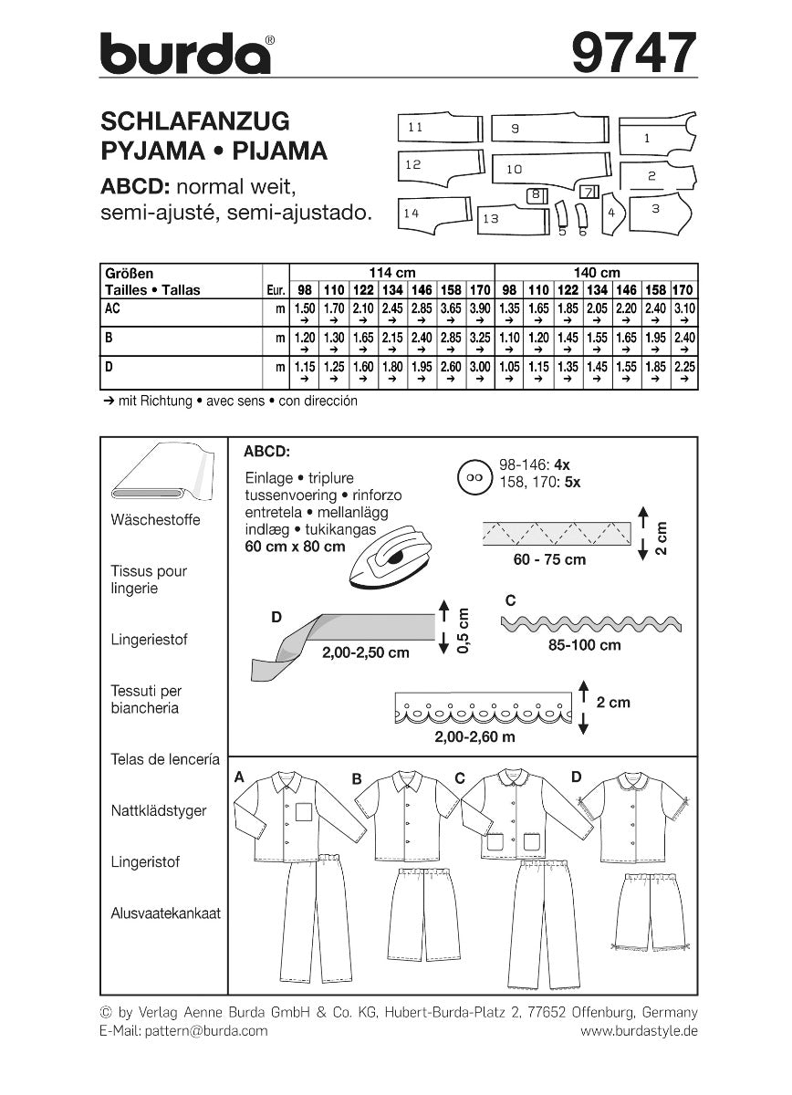 Patron de Couture Burda 9747 Pyjamas - Ribes y Casals