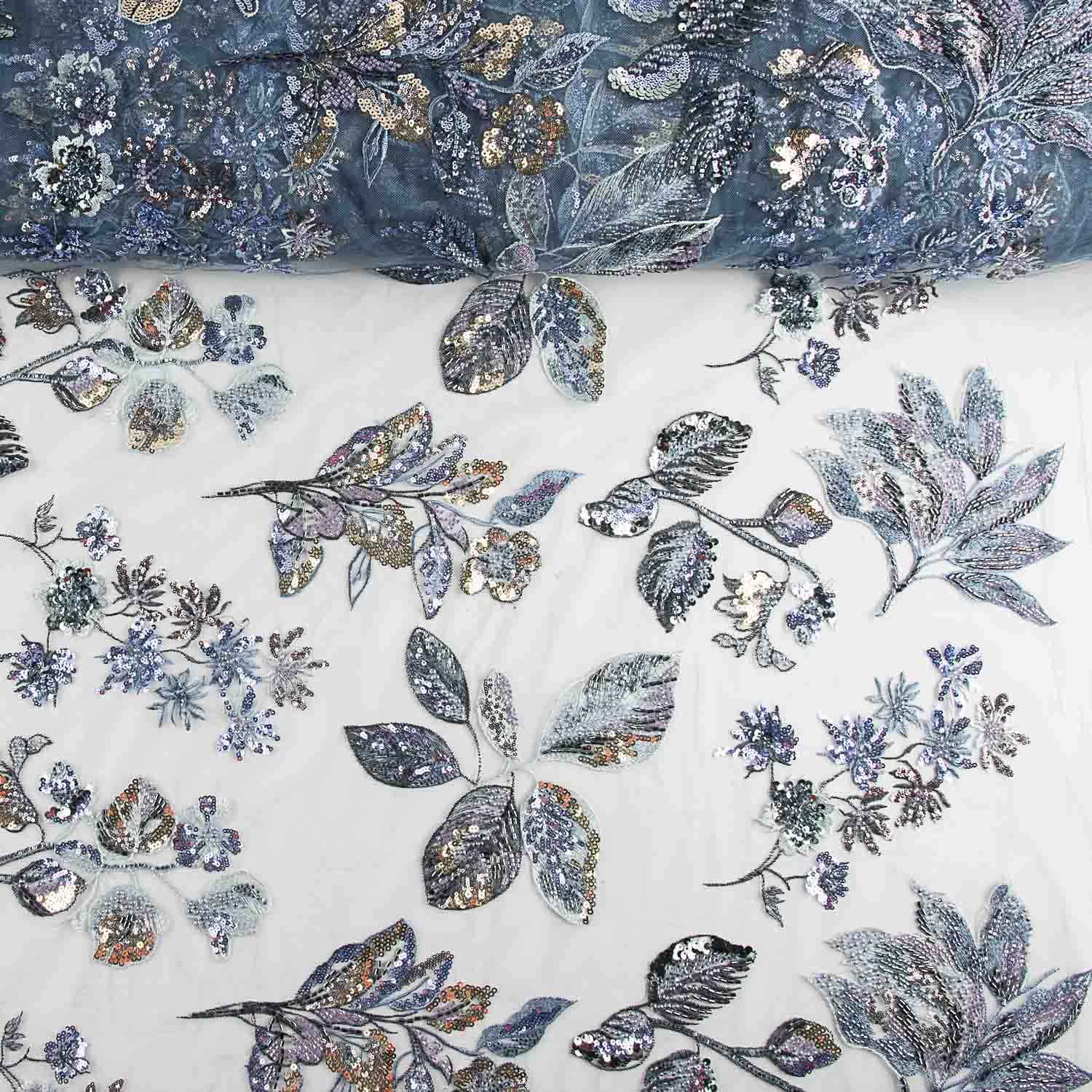 Strass en tulle bleu grisâtre « Branches » - Ribes y Casals