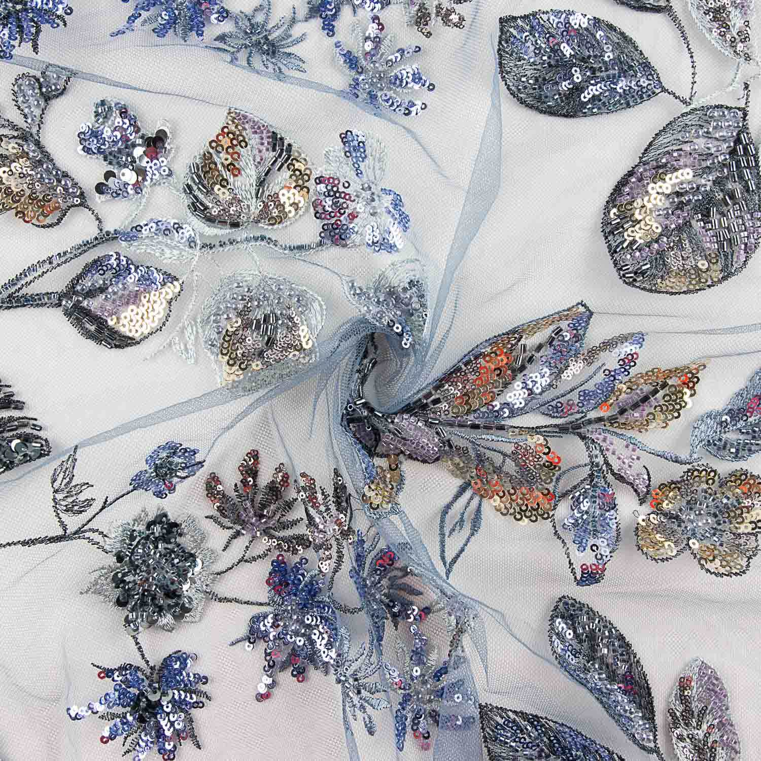 Strass en tulle bleu grisâtre « Branches » - Ribes y Casals