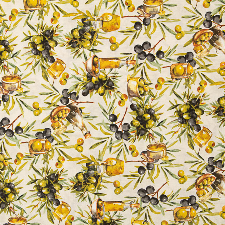 Toile de coton imprimée « Olives et huile d'olive » - Ribes y Casals