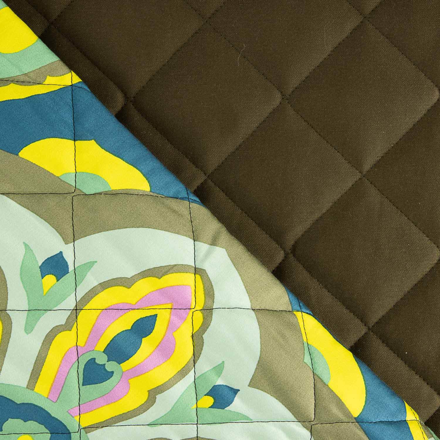 Coussin matelassé en sergé double face vert kaki et satin multicolore - Ribes y Casals