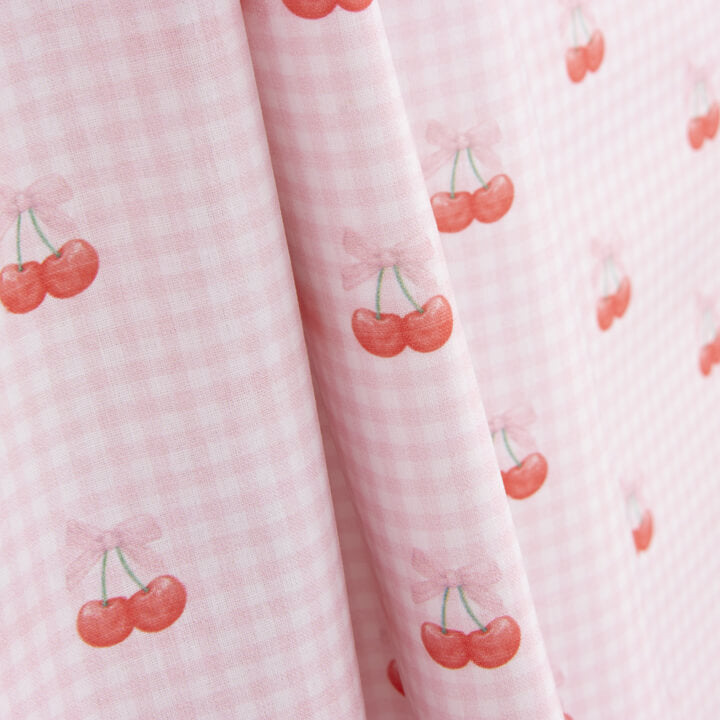 Percale imprimée cerises, carreaux vichy roses - Ribes y Casals