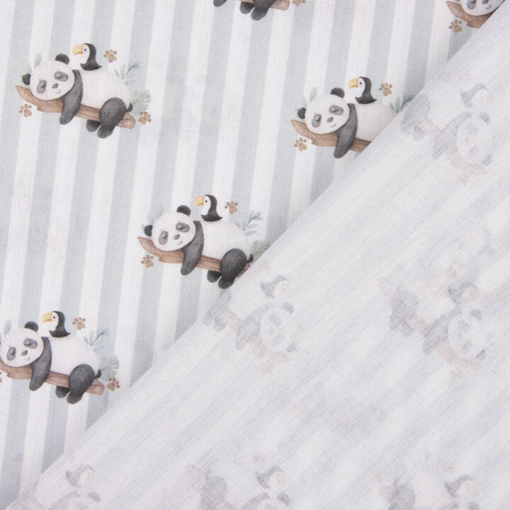 Percale imprimée pandas à rayures grises - Ribes y Casals