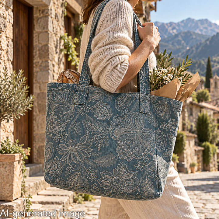 Toile de coton à l'effet de tissu de lin, motif floral provençal, bleu - Ribes y Casals