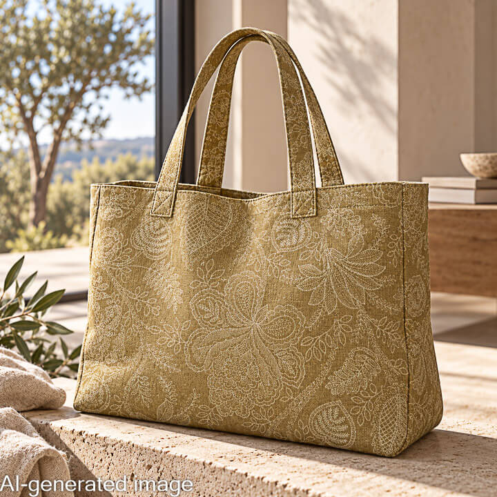 Toile de coton effet tissu de lin à motifs floraux provençaux, couleur moutarde - Ribes y Casals