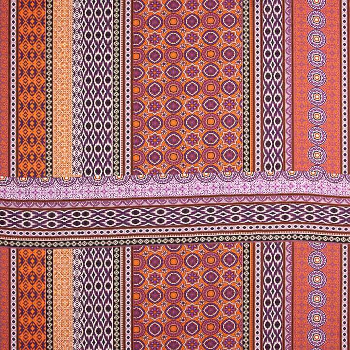 Viscose imprimée ethnique à rayures orange et violettes - Ribes y Casals