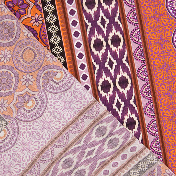 Viscose imprimée ethnique à rayures orange et violettes - Ribes y Casals