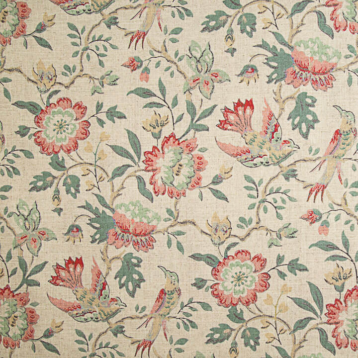Toile de coton effet tissu de lin, motifs vintage fleuris et d'oiseaux - Ribes y Casals