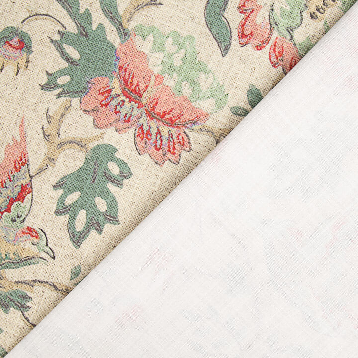 Toile de coton effet tissu de lin, motifs vintage fleuris et d'oiseaux - Ribes y Casals