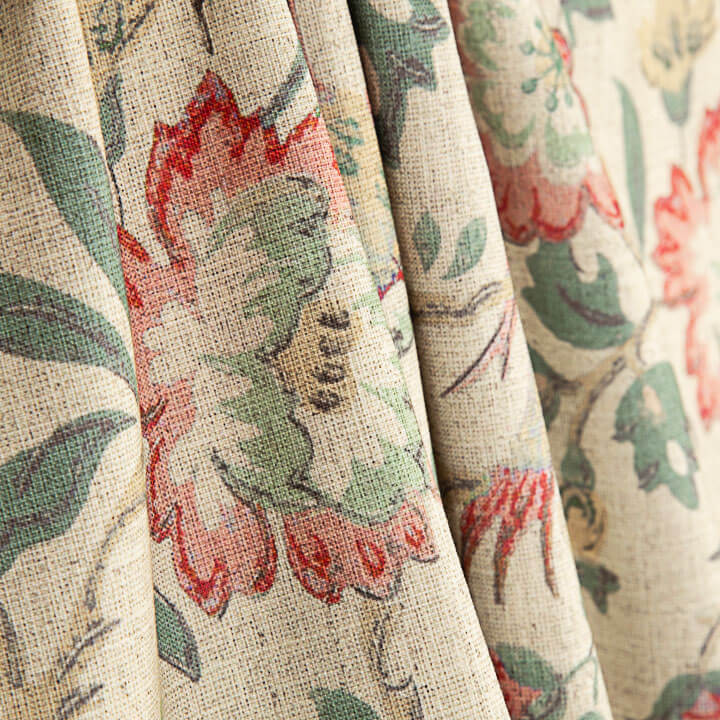 Toile de coton effet tissu de lin, motifs vintage fleuris et d'oiseaux - Ribes y Casals