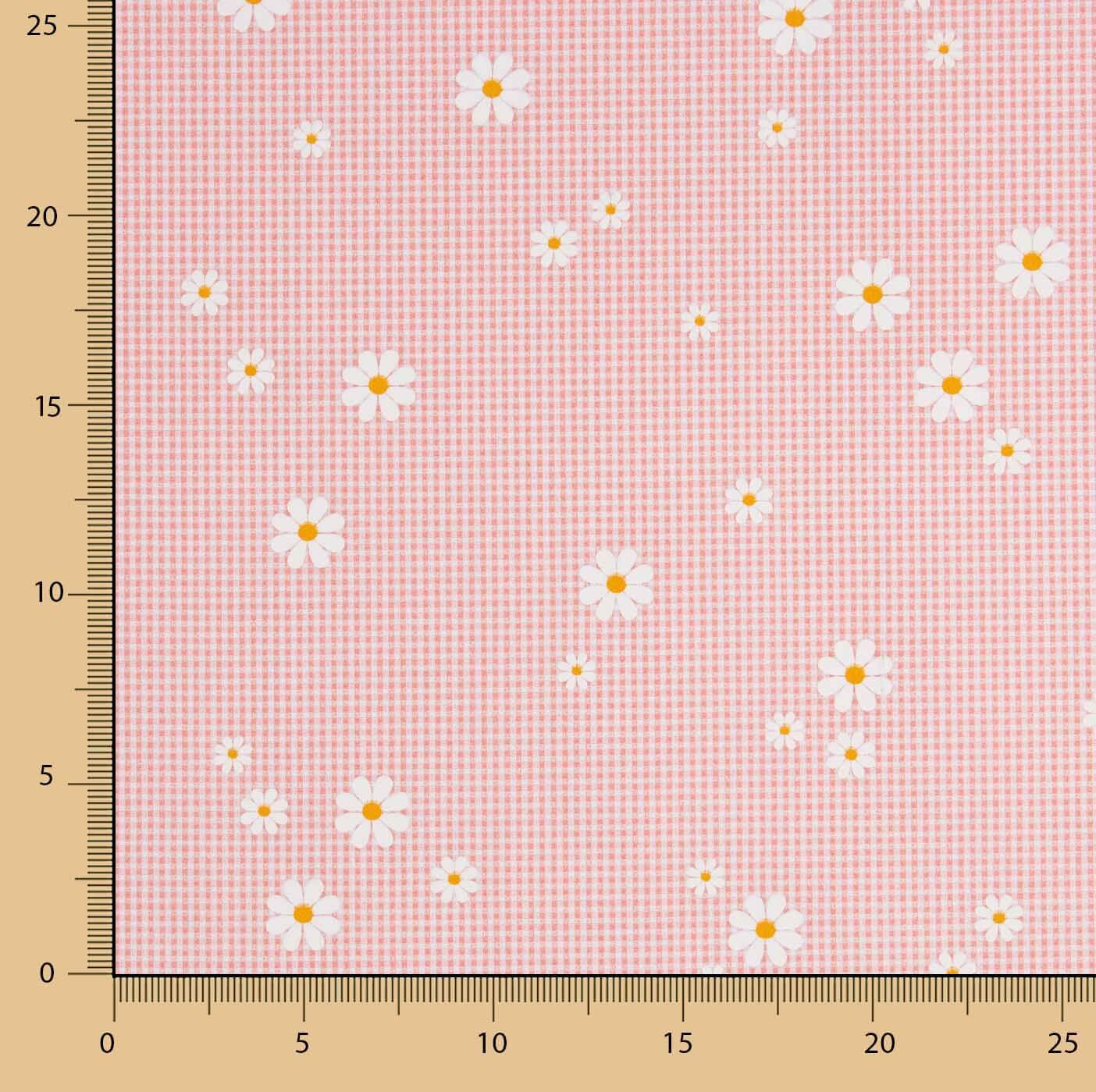 Popeline de coton biologique imprimée Vichy et marguerites corail - Ribes y Casals
