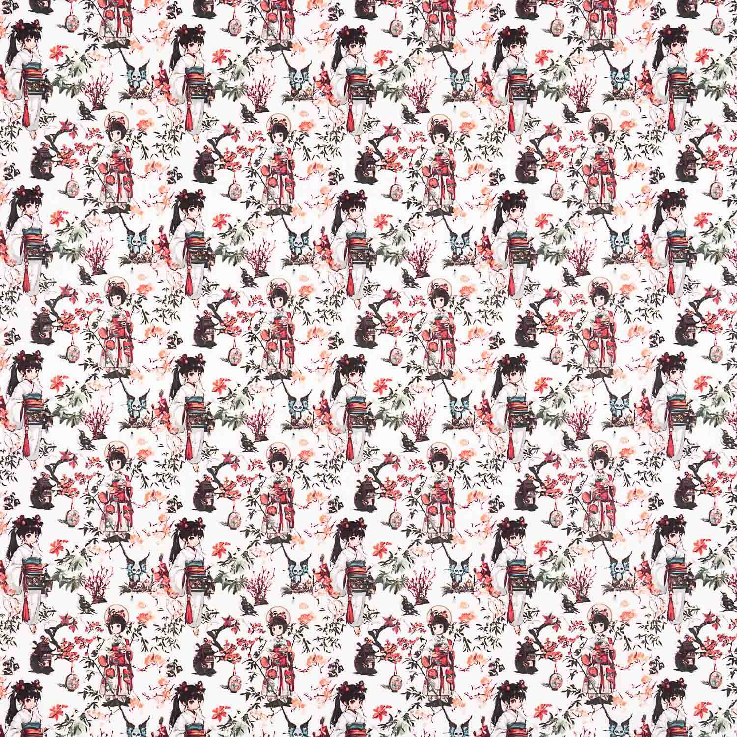 Popeline de coton imprimée Geishas japonaises - Ribes y Casals