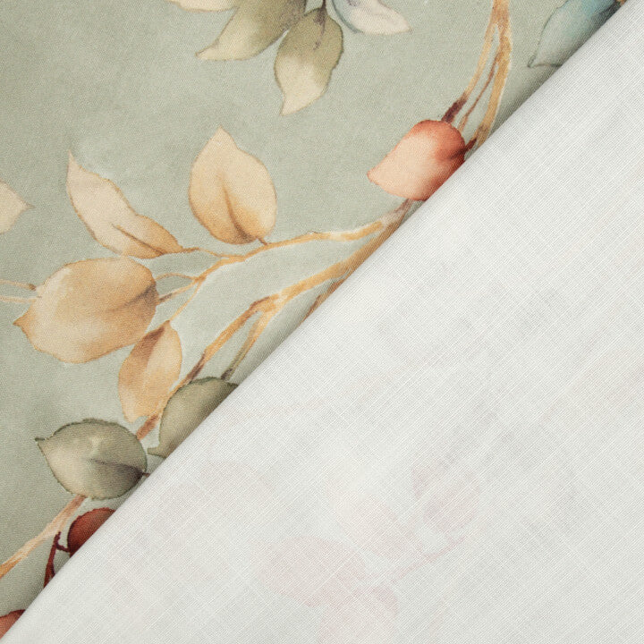Toile de coton effet tissu de lin « Feuilles d'automne » vert sauge - Ribes y Casals