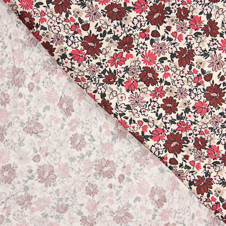Sergé en viscose à motif floral rose et bordeaux - Ribes y Casals