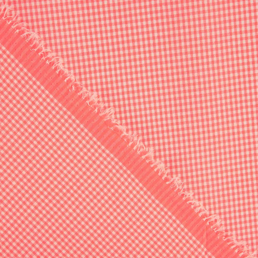 Popeline Seersucker à petits carreaux corail fluo - Ribes y Casals